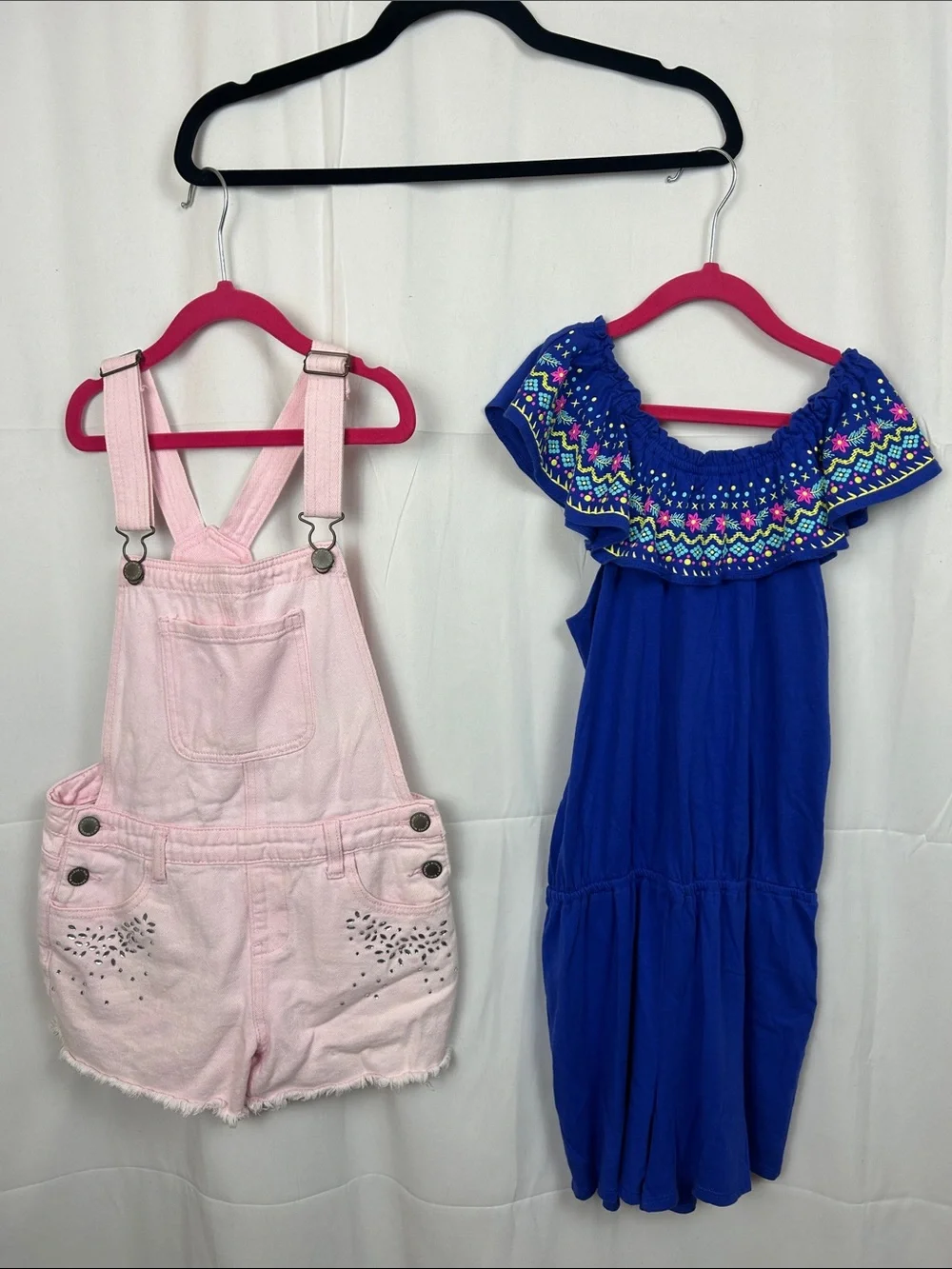 Girls Pink Denim Short Overalls and Embroidered Indigo Romper